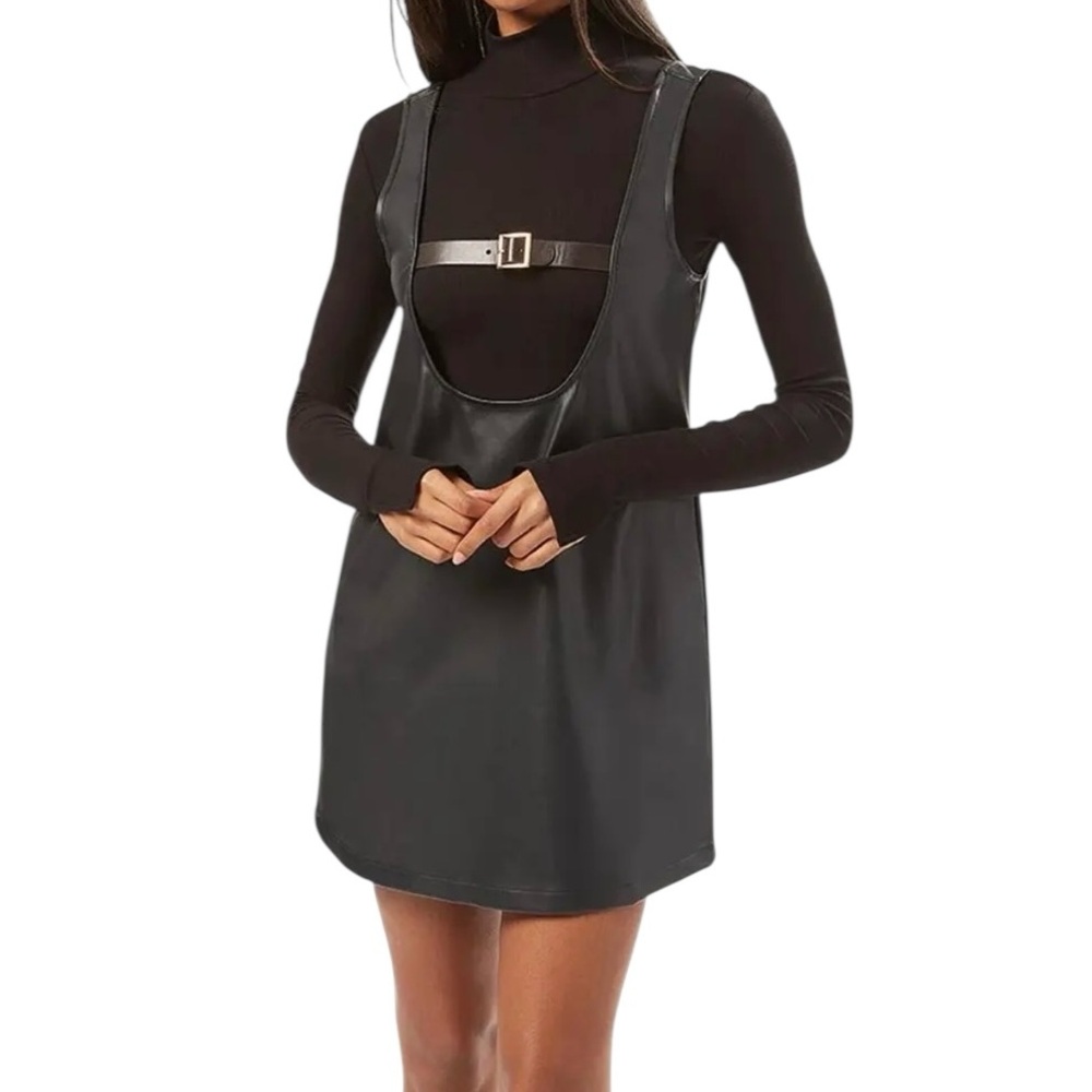 Who What Wear Black Faux Leather Sleeveless‎ Backless Mini Overall Dress